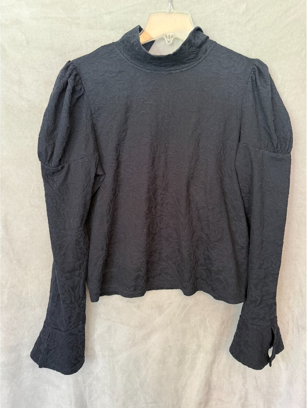 Anthropologie Puff Sleeve Turtleneck Jacquard Top Floral Back Tie Black Size L
